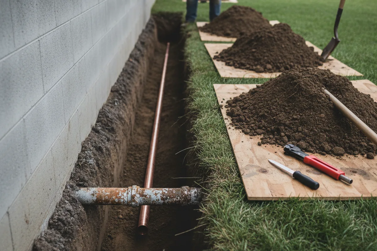 Excavated water line trench during Water Softener Installation in Sugarcreek
